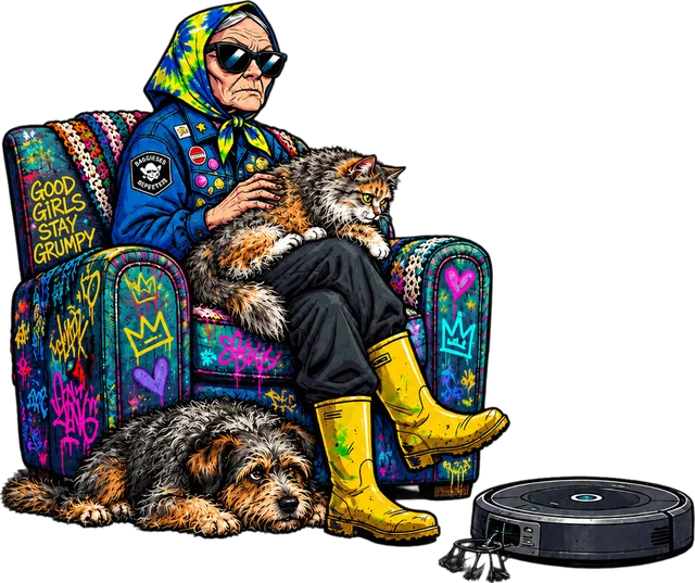 La mascotte et son chien regardent un robot aspirateur passer