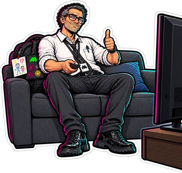 Le père de famille geek, assis sur son canapé, télécommande en main et pouce levé, devant un téléviseur