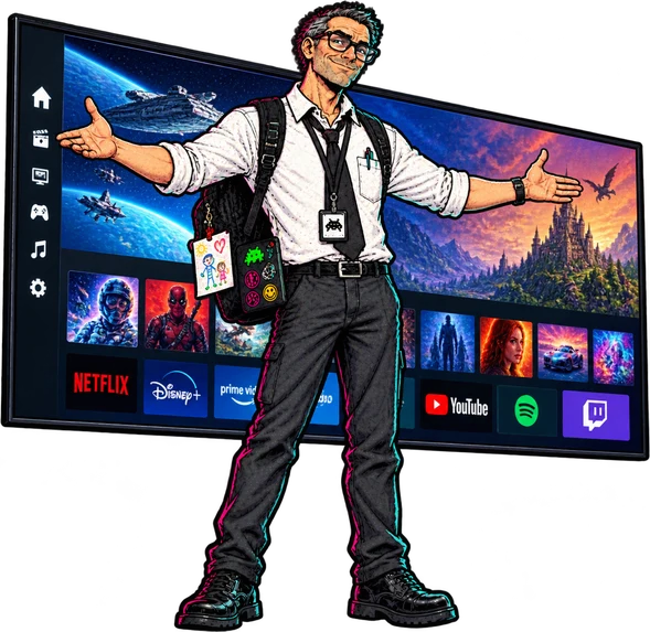 Le père de famille geek, bras écartés devant un immense écran mural affichant ses applications de streaming