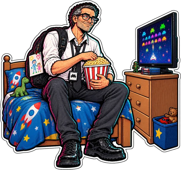 Le père de famille geek, assis sur un lit d'enfant, un seau de pop-corn dans les bras, devant un petit téléviseur