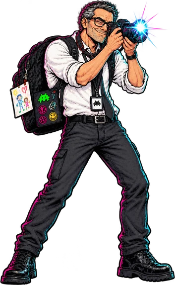 Le père de famille geek, un appareil photo hybride à l'œil, prend la pose en plein élan, sac à dos orné des dessins de ses filles