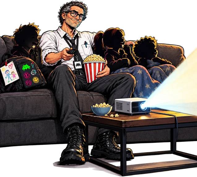 Le père de famille geek, un saladier de pop-corn sur les genoux, regarde un film en famille sur le canapé grâce à un vidéoprojecteur posé sur la table basse