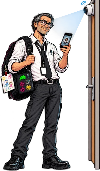 Le père de famille geek regarde sur son téléphone l'image de la caméra de surveillance posée au-dessus de sa porte